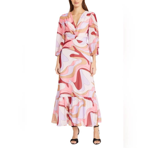 Donna Morgan 3/4 Sleeve V-Neck Abstract Maxi Dress. - Picture 1 of 4